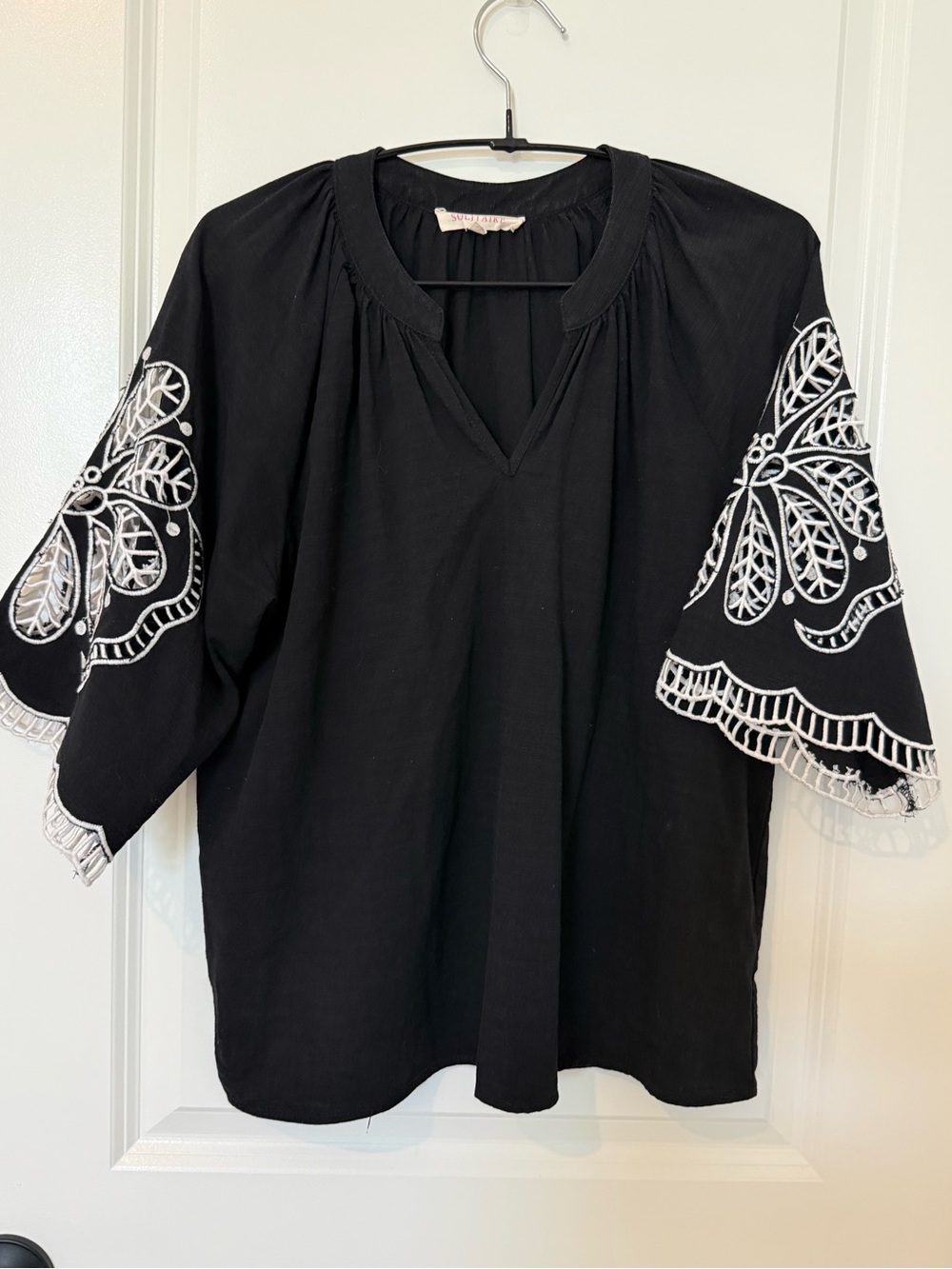 Black Embroidered Flutter Sleeve Women's Top